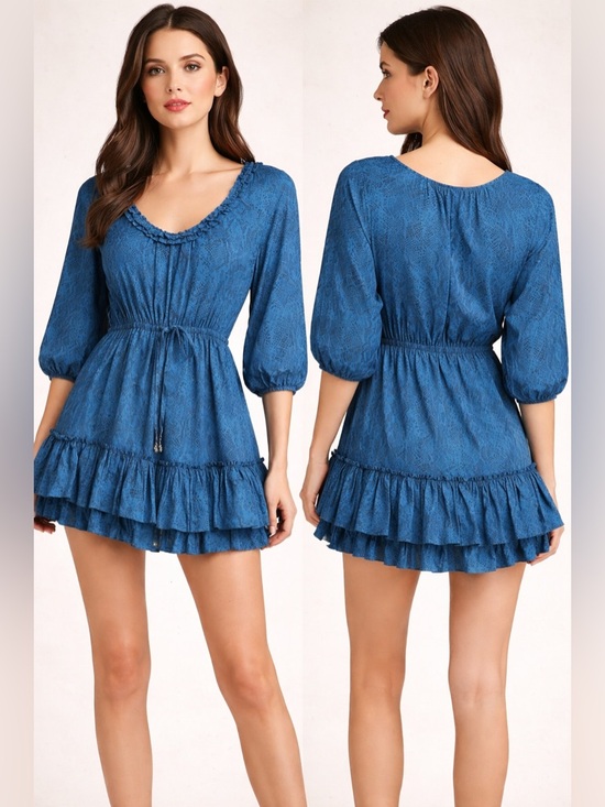 Rebecca Taylor Dresses & Skirts - Rebecca Taylor Dress Python Print‎ 3/4 Sleeve Silk Tie Waist Ruffle Blue Size 8
